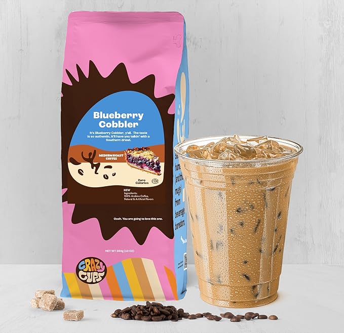 Crazy Cups Flavored Ground Blueberry Coffee, Blueberry Cobbler Coffee in 10 oz Bag, For Brewing Flavored Hot or Iced