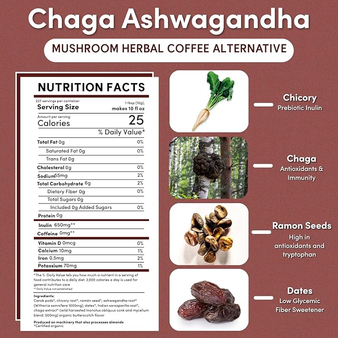 Teeccino Chaga Ashwagandha Coffee Alternative, 5 Lb Bag - Butterscotch Cream - Organic, Adaptogenic Herbal Mushroom Coffee, Medium Roast, Caffeine Free, Prebiotic, Acid Free, Gluten Free