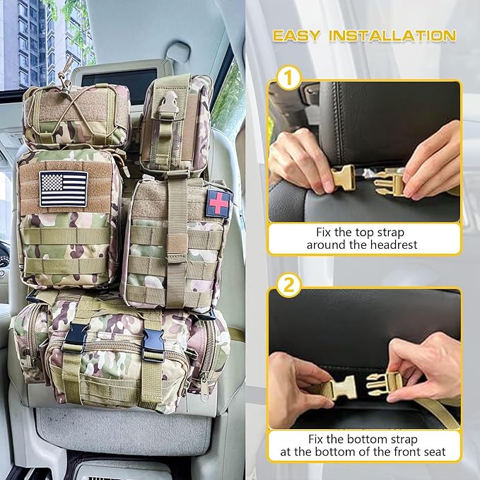 Tactical Vehicle Seat Back Organizer, Universal Tactical Seat Cover Molle Panel with 5 Detachable Pouches - Medical, Phone, Admin Storage Bags Fit for Jeep Truck Car Camping Off Road (CP Camo)