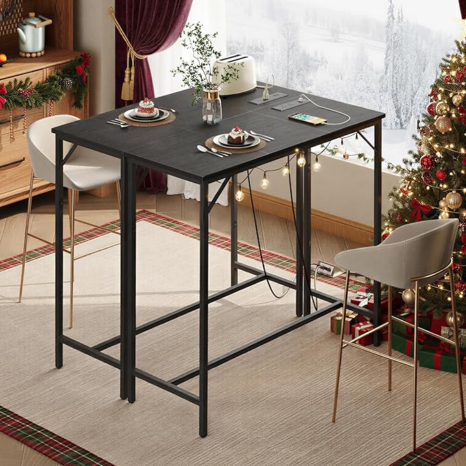 HOOBRO Bar Table with Charging Station, Rectangular Pub Table, High Top Coffee Table, Counter Bar Height Table, Narrow Long Dining Table, 35.4" L x 15.7" W x 35.6" H, Black BB90UBT01N1