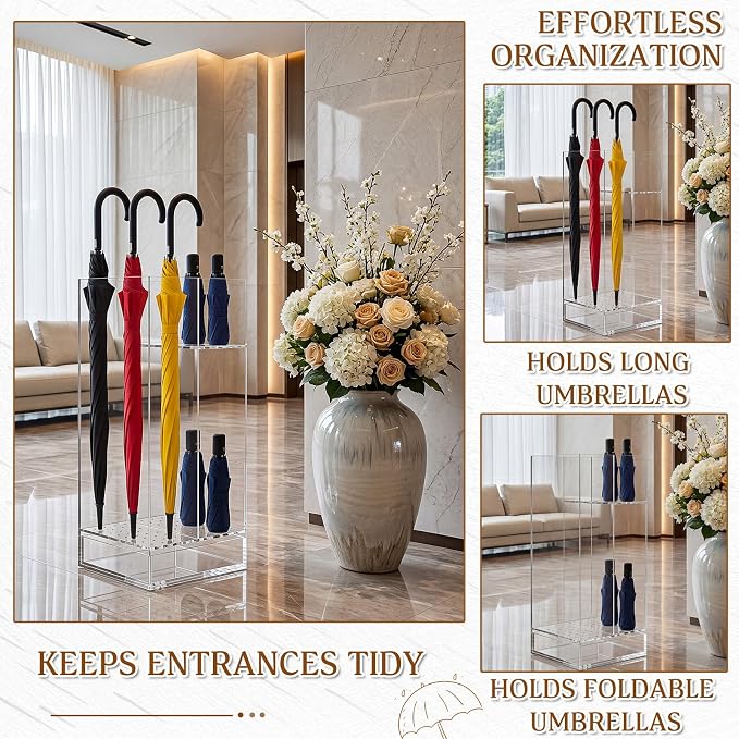 Leinuosen 9 x 9 x 22 Inch Clear Acrylic Umbrella Stand Organizer, Thick Freestanding Entryway Umbrella Holder with Long and Short Compartments, Modern Storage Rack for Home, Office and Lobby