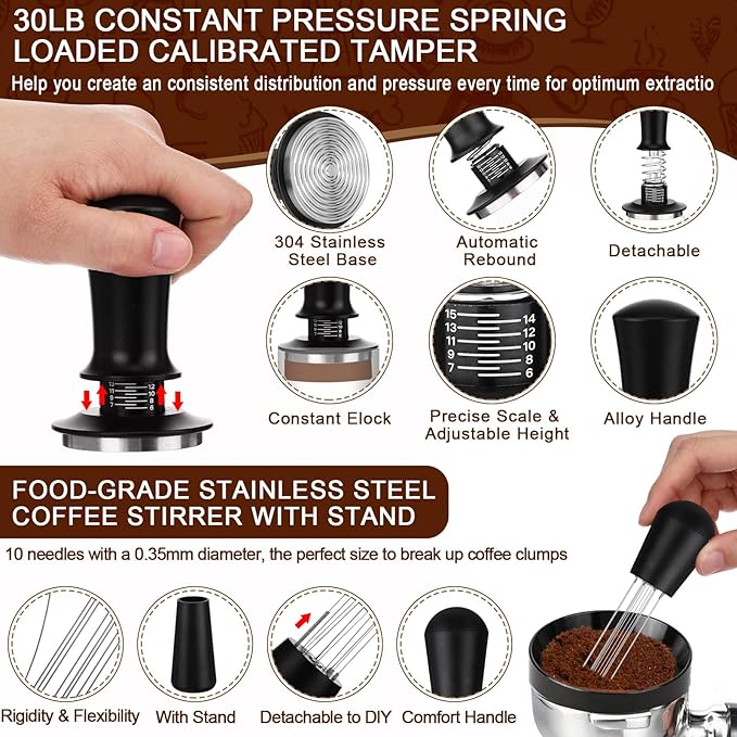 7pcs Espresso Accessories Kit 51/58/53mm Tamping Station Machine Accessories Spring Loaded Calibrated Tamper Wdt Espresso Tool and Dosing Funnel Set Distributor and Tamper Leveler(51mm)