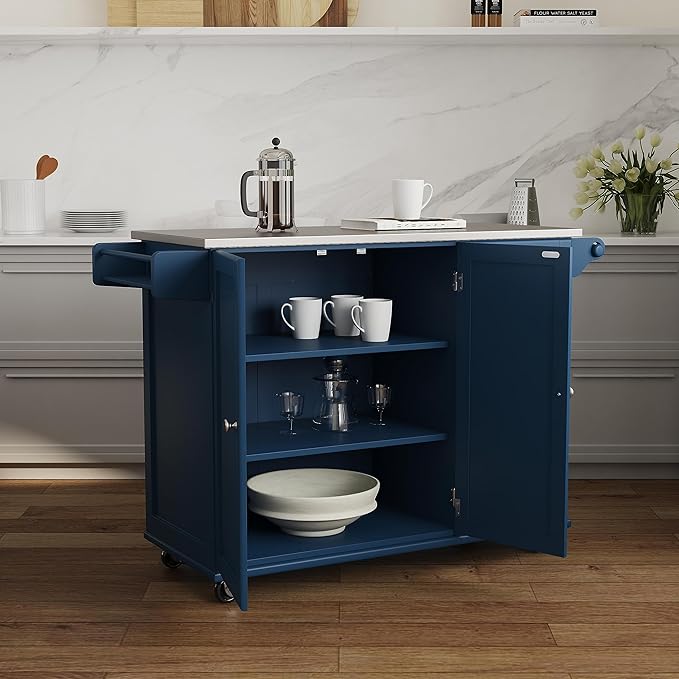 Homestyles Mobile Kitchen Island Cart with Stainless Steel Top, Blue