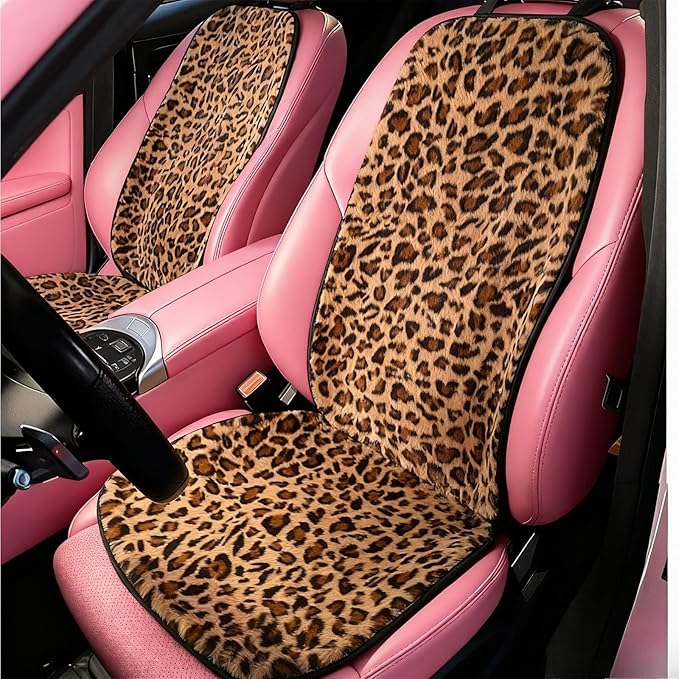 Leopard Print Car Seat Covers Fluffy Front Rear Car Seat Covers Set Lumbar Support Pillow Car Accessories for Women (backrest) (Front seat Cover)