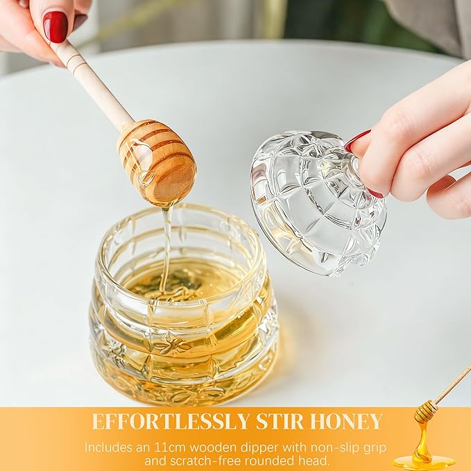 kanpura Honey Pot with Dipper and Lid 3.7oz Glass Honey Jar with Wooden Dippers Stick Set Syrup Dispenser for Home Kitchen (Clear)