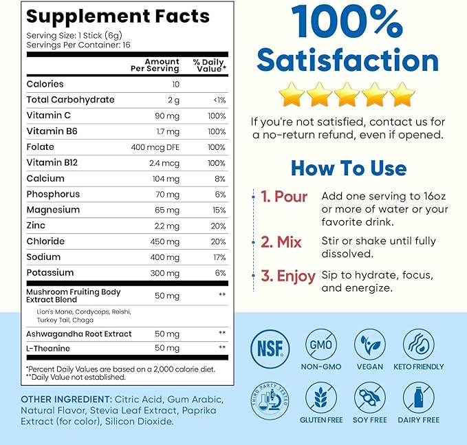 Venture Pal 2-in-1 Hydration Packets + Focus Support Electrolytes Powder, 7 Electrolytes + Vitamins, Magnesium, Lion's Mane & L-Theanine | Sugar Free Liquid Daily IV Drink Mix, Vegan, Keto, 16 Sticks