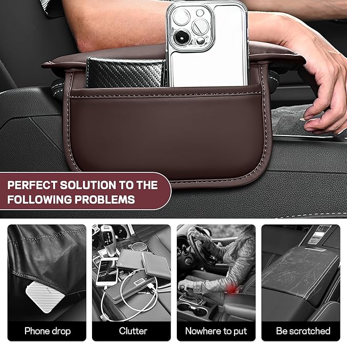 wuyaoyao Car Center Console Cover, Leather Memory Foam Armrest Cover Cushion with 2 Storage Bags, Universal Car Armrest Seat Box Pad Car Interior Accessories Protector for Most Vehicle (Brown)