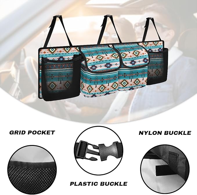 CLOHOMIN Blue Aztec Trunk Organizer for Car Fashion Car Storage Oraganizer Washable Back Seat Hanging Storage with 4 Large Pockets Multi Cargo Storage Bag for SUV Car Sedan