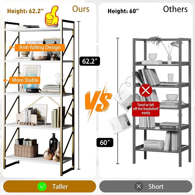 Shintenchi 5 Tiers Bookshelf, Classically Tall Bookcase Shelf,Industrial Book Rack,Modern Book Holder in Bedroom/Living Room/Home/Office, Storage Rack Shelves for Books/Movies,Gold