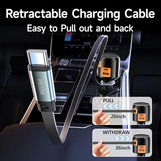 Retractable Car Charger USB C Fast Charge for iPhone 17 16 Car Charger, 60W Type C Built-in Retractable C Cable for iPhone Air/16/15 Series, iPad, Pixel and More