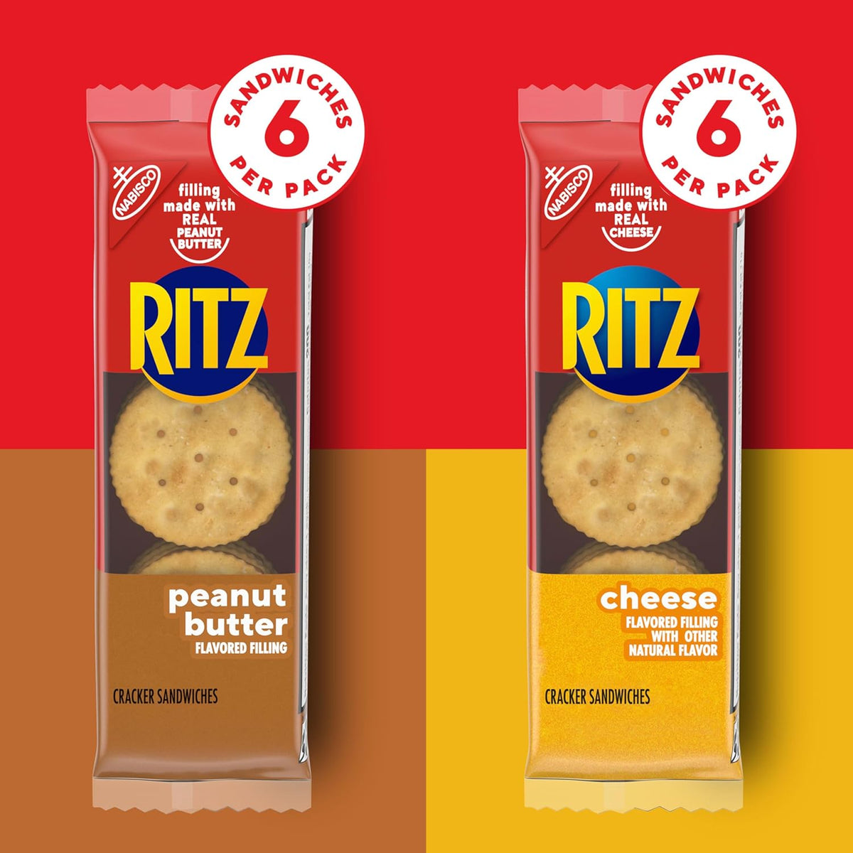 ritz peanut butter and cheese sandwich crackers variety pack, 32 snack packs, 6 crackers per pack