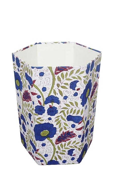 Generic 3.3 Gallon Cotton Hand Block Printed Paper Waste Basket |Small Decorative Trash Can for Housewarming Gifts in Living Room, Bedroom, Bathroom | Eco-Friendly, Plastic-Free (1, WHITE BLUE GREEN)
