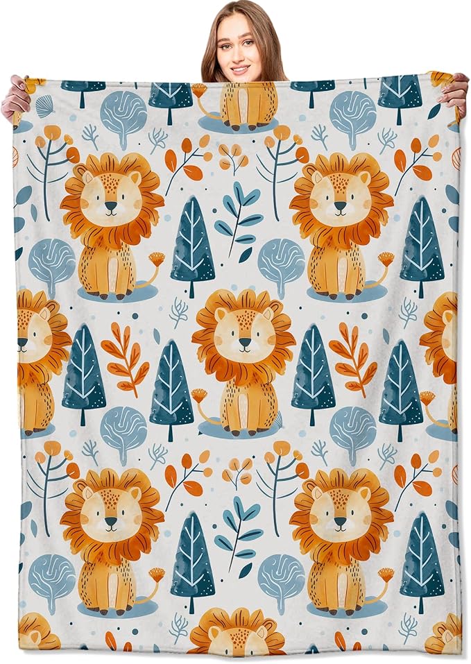 Cute Lion and Forest Blanket,Fun Cartoon Jungle Theme Throw Blankets,Birthday Gifts for Kids & Animal Lovers,Lightweight Soft Fleece,for Picnic Sofa Couch Bed Room Travel,Modern Decor,50x60in