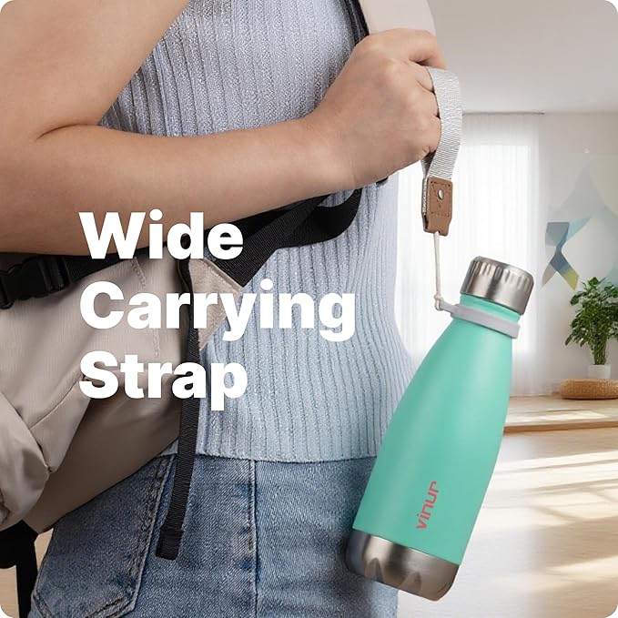 VINUR Kids Water Bottle-12 oz Stainless Steel Double Wall Vacuum Insulated Water Bottle for School-Cola Shape Flask with Carry Rope(Teal)