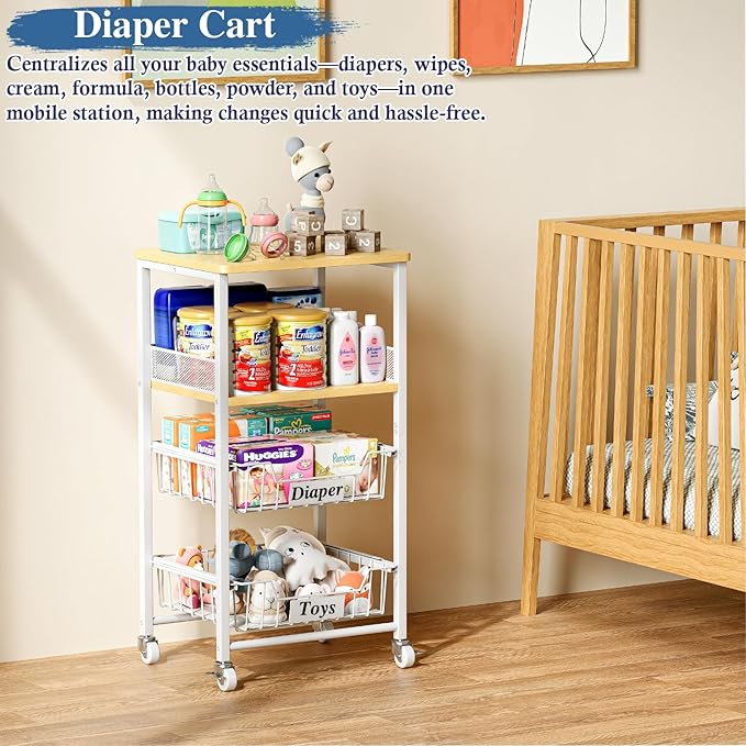 4 Tier Rolling Cart with Drawer Baskets, Metal Utility Storage Cart with Wheels and Wood Top for Living Room, Kitchen, Home Office, Bedroom, Pantry, Baby Essential, Craft, Snack, Makeup, White