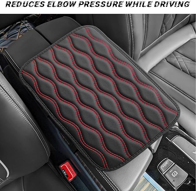 Car Center Console Pad, Waterproof PU Leather Auto Armrest Box Cover, Comfortable Vehicle Arm Rest Protector Cushion Pad for Car SUV, Universal Car Accessories (Black+Red)
