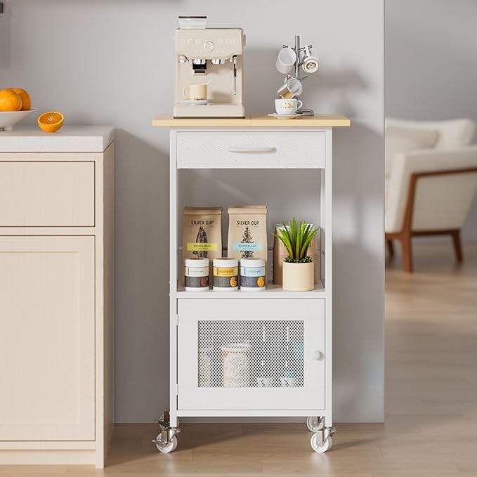 SWTYMIKI Buffets Coffee Bar Cabinet - Rolling Kitchen Rack, Farmhouse Small Coffee Stand with Storage Drawer and Door Cabinet - Kitchen Microwave Stand for Apartment, Living Room, Entryway, Natural