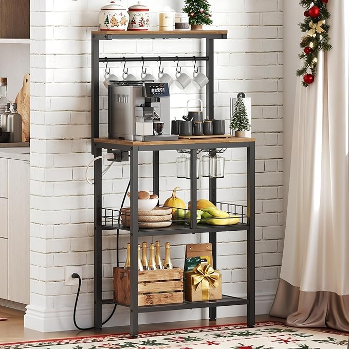 Bakers Rack with Power Outlet, Microwave Stand with Paper Holder, Coffee Bar Station with Wine Glass Holder, 4-Tier Kitchen Storage Rack for Dining Room, Living Room, Rustic Brown HB02UBR
