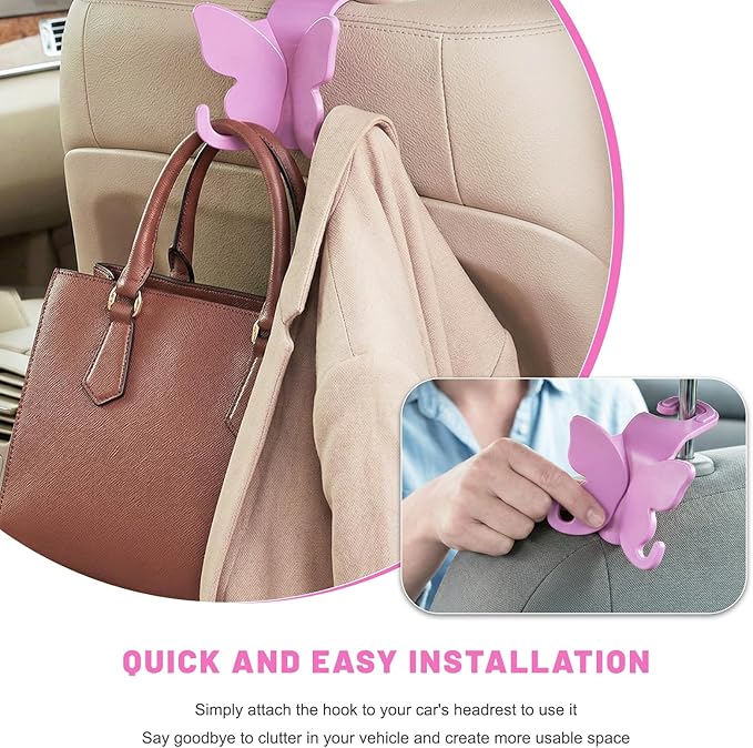 2 PCS Car Seat Headrest Hook, Butterfly Multipurpose Storage Hook Seat Back Purse Holder, Cute Butterfly Headrest Purse Hanger Interior Accessories for Car Truck SUV (Purple)
