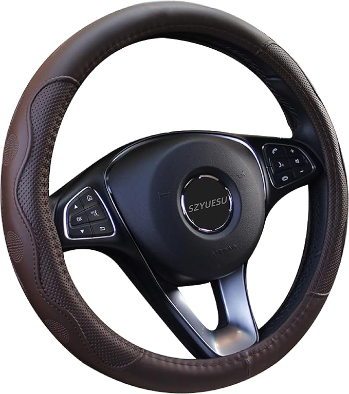 Leather Car Steering Wheel Cover with Anti-Slip Lining Universal 14.5-15 Inch (37-38 cm) Auto Microfiber Protector, Car Accessories for Most Cars, SUVs | Coffee