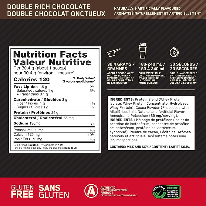 Optimum Nutrition Gold Standard 100% Whey Protein Powder, Double Rich Chocolate 1.98 Pound (Packaging May Vary)