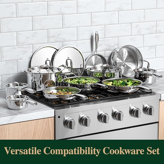 Umite Chef 17Pcs 5 Ply Clad Stainless Steel Cookware Set with Lids, Heavy Duty Pots and Pans Kitchen Set, Induction-Ready, Dual Aluminum Core for Even Heat, Cool Grip Handles, Dishwasher Safe