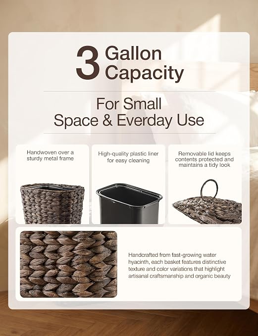 Tidita 3 Gallon Large Wicker Trash Can with Lid, Boho Bathroom Garbage Can | Water Hyacinth Construction, Space-Saving Shape, Reinforced Inner Iron Frame, Removable Liner For Easy Emptying, Black Color