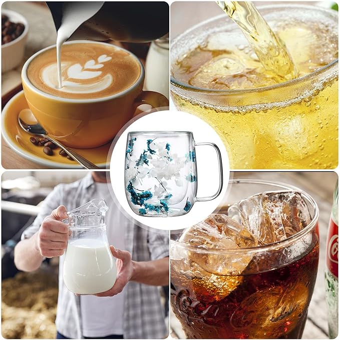 Dried Flowers Insulated Glass Double Wall Coffee Mug With Handle 250ml/390ml Transparent Double Glases Flower Tea Cup Latte Coffee Cup Borosilicate Glass Tea Mug
