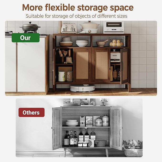 Mericonia Rattan Buffet Cabinet with Storage, Sideboard with Doors, Console Table, Farmhouse Coffee Bar, Modern Wood Storage Cabinets TV Stand(Walnut 2.0)