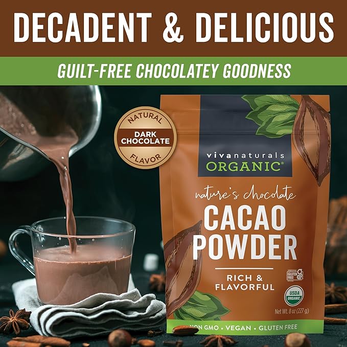 Organic Cacao Powder, Unsweetened, 8 oz (227 g) – Rich Dark Chocolate Flavor, Perfect for Baking, Smoothies & Hot Chocolate – Vegan, Keto, Paleo, Non-GMO & Gluten-Free Cocoa Powder