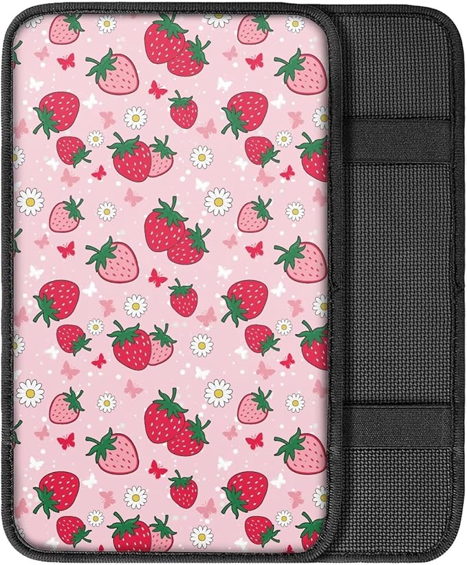 Horeset Pink Strawberry Car Center Console Covers Auto Accessories Anti-Scratch Non-Slip Arm Rest Cushion Protector Fit SUV Sedan Truck