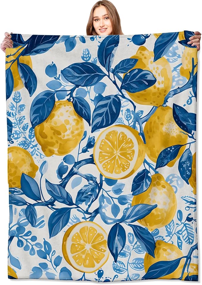 Lemon Blanket Fresh Citrus Fruit Throw Blankets with Blue Leaves,Birthday Gifts for Girls Boys Women & Food Lovers,Lightweight Soft Fleece,for Sofa Couch Bed Room Summer Decor 60x80in