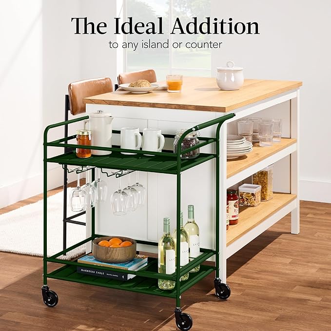 Best Choice Products Rolling Bar Cart, Mobile Home Bar Serving Cart, Serving Station w/ 2 Tier Shelves, Wine Rack, Lockable Wheels - Deep Green
