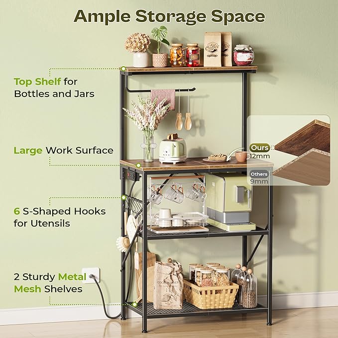 Huuger 4-Tier Bakers Rack with Reversible Power Outlet, 23.6 Inch Microwave Stand, Kitchen Coffee Bar, with Top Shelf, 6 S Hooks, Rustic Brown
