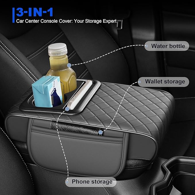 NUWQICD Center Console Cover Leather Armrest Cover Fit for Nissan Altima 1993-2025 Middle Console Cushion with Storage Box&Cup Holder & Phone Slot(Grey)
