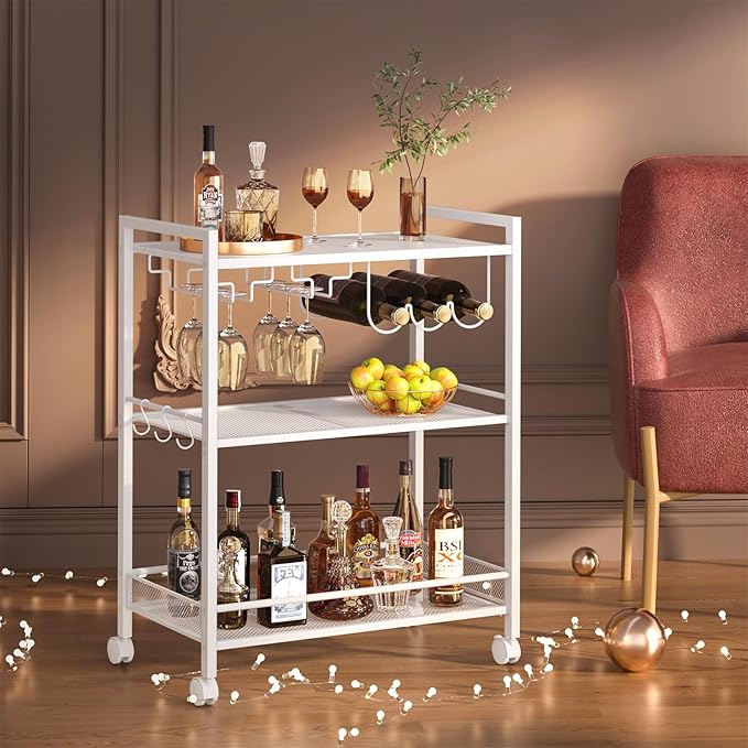 Bar Cart, Home Bar Serving Cart with 3-Tier Shelf,Microwave Cart with Lockable Wheels,Mobile Kitchen Shelf,Rolling Beverage Cart with Wine Rack and Glass Holder for Kitchen,Dinning Room,White