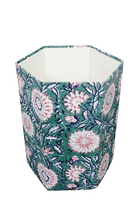 3.3 Gallon Cotton Hand Block Printed Paper Waste Basket |Small Decorative Trash Can for Housewarming Gifts in Living Room, Bedroom, Bathroom | Eco-Friendly, Plastic-Free (1, Green Pink FLOWAR)