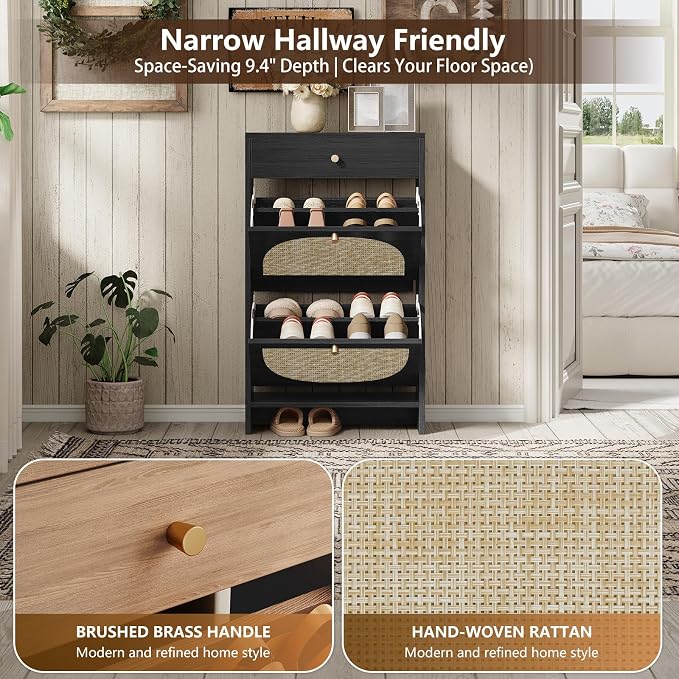 Nicetree Shoe Cabinet for Entryway, Slim Shoe Rack with 2 Flip Drawers and Top Storage Drawer, Narrow Shoe Organizer with Printed Rattan-Look Design, Entryway Shoe Storage for Size 12 Shoes, Black