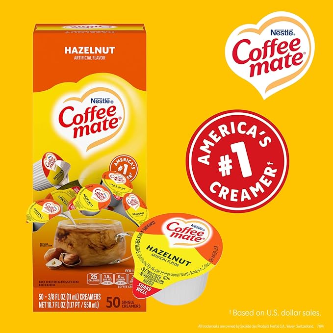 Nestle Coffee mate Coffee Creamer, Hazelnut, Liquid Creamer Singles, Non Dairy, No Refrigeration, 0.375 fl oz Tubs (Pack of 200)