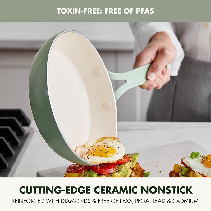 GreenPan Nova 10-Piece Nonstick Cookware Set, PFAS-Free Ceramic Pots & Pans with Silicone Cooking Utensils, Durable Fast Heating, Induction Ready, Oven Safe to 600°F, Dishwasher Safe, Pistachio Green