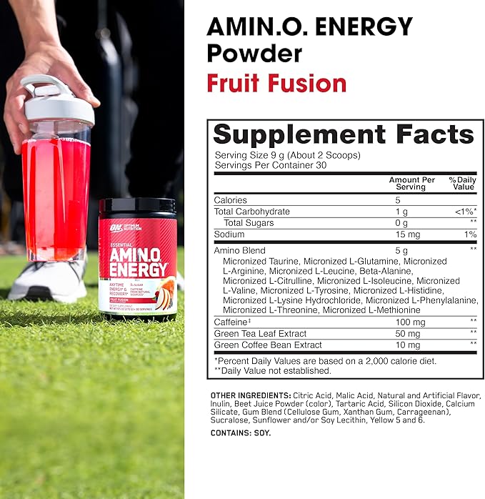 Optimum Nutrition Amino Energy - Pre Workout with Green Tea, BCAA, Amino Acids, Keto Friendly, Green Coffee Extract, Energy Powder - Fruit Fusion, 9.5 Ounce, 30 Servings (Packaging May Vary)
