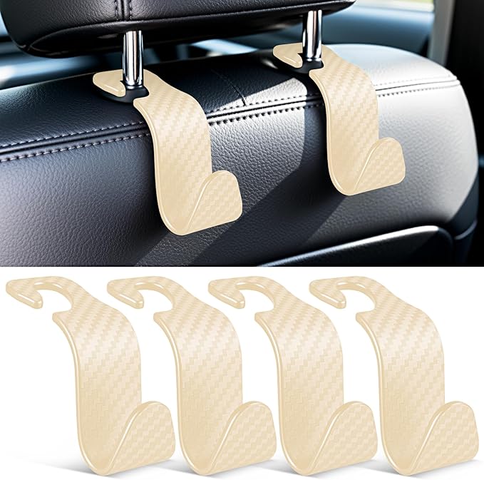 SINGARO Universal 4 Pack Car Seat Headrest Purse Hook, Carbon Fiber Back Seat Hook Storage Organizer Hanger for Purse Handbag Coat, Car Interior Accessories(Beige)