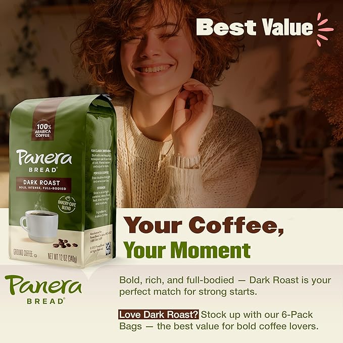 Panera Dark Roast Ground Coffee, - Bold Breakfast Brew with Dark Chocolate Finish - 100% Arabica Beans, Sustainably Sourced - Kosher, Dairy-Free - Cafe Quality for Home Brewing 12oz Bag Pack of 6 (72oz Total)