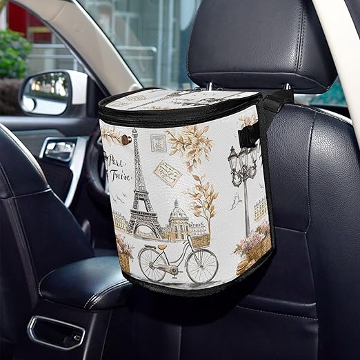 MNSRUU Car Trash Can with Lid, Eiffel Tower Flower Basket Bicycle Car Trash Bag Hanging Organizers and Storage for Front Back Seat, Leak-Proof Trash Bin