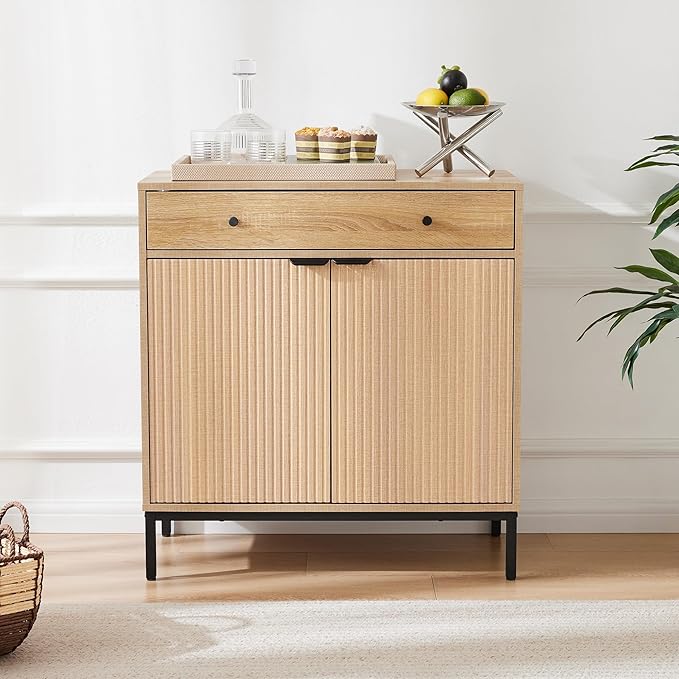 Mericonia Farmhouse Buffet Sideboard Cabinet with Storage, Fluted Coffee Bar with Doors and Adjustable Shelves, Modern Wood Cabinet for Kitchen, Livingroom (Fluted 2 Door, Natural) | with Drawer, Farmhouse, Kitchen Storage, with Doors, Adjustable Shelv...