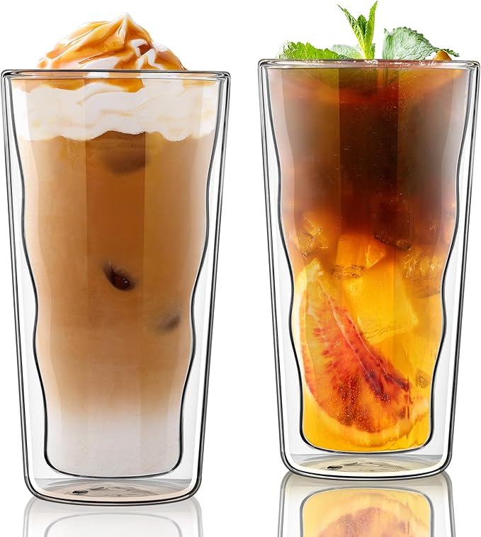 Joeyan Double Wall Insulated Glass Tumbler, 15.2oz Tall Dinking Glasses Set of 2, Highball Glass Cups for Beer, Lemonade, Iced Tea, Tropical Drink, Cocktail, Smoothie, Mojito and Mixed Drinks