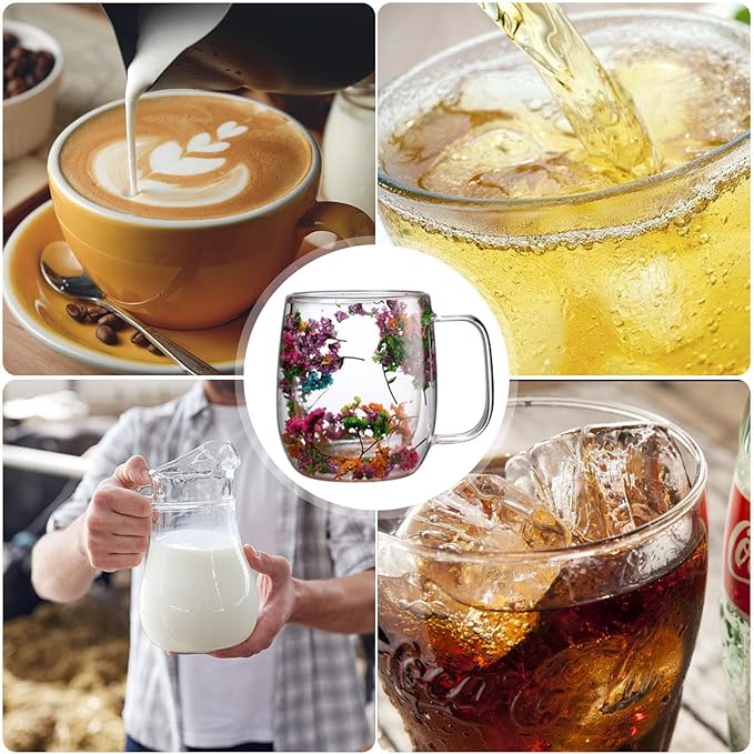 Dried Flowers Insulated Glass Double Wall Coffee Mug With Handle 250ml/390ml Transparent Double Glases Flower Tea Cup Latte Coffee Cup Borosilicate Glass Tea Mug