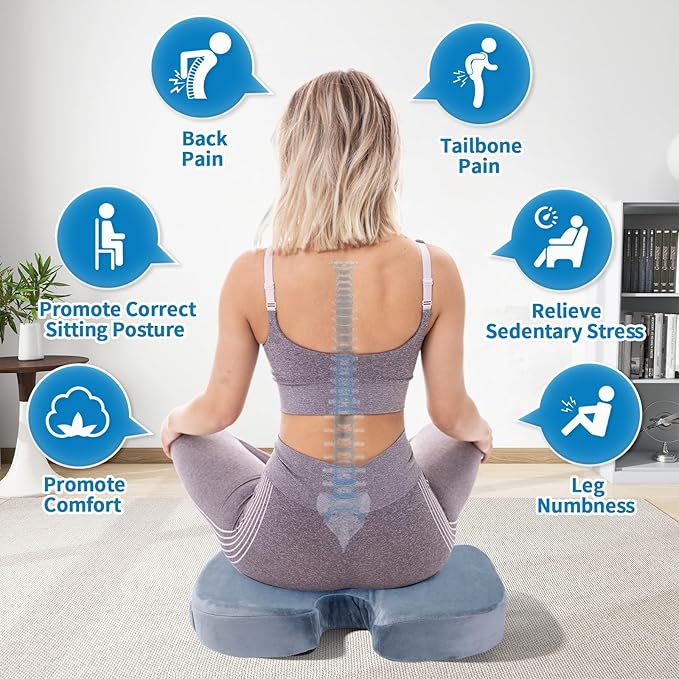 Memory Foam Seat Cushion for Office Chairs & Tailbone Pain Relief - Ergonomic Chair Seat Cushion & Car Seat Cushion for Long Driving - Non-Slip Portable Wheelchair Cushions, Grey