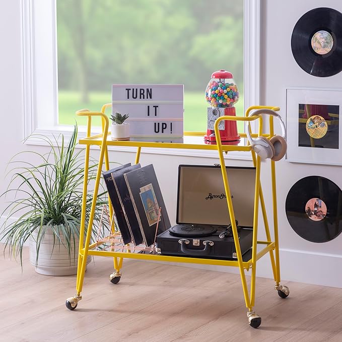 Gina Yellow Mid Century Bar Cart with Mirrored Shelves by Linon