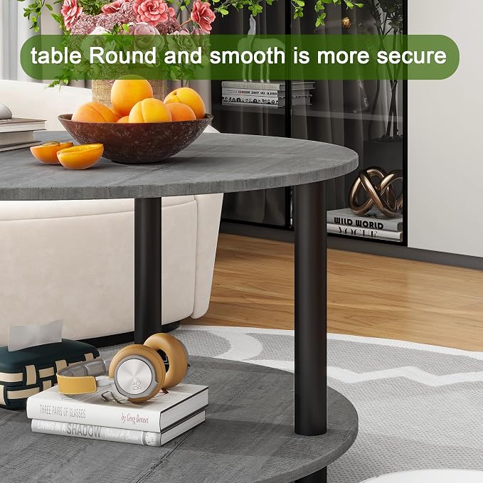 23.6" Round Coffee Table, 2-Tier Small Circle Coffee Table with Storage, Modern Center Accent Table with Metal Frame, Side Table End Table for Small Space, Living Room, Office, Grey